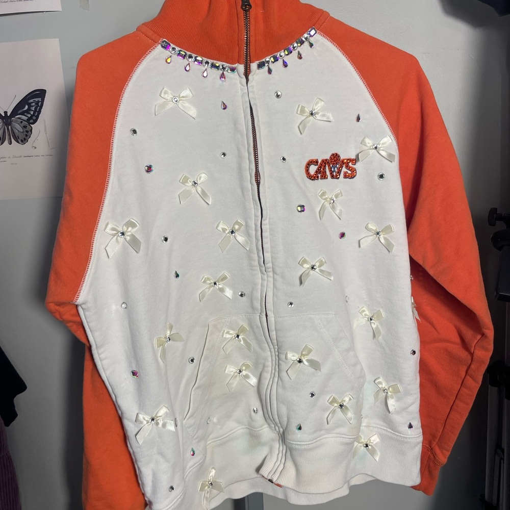 Banner NBA Playoff Team Cleveland Cavs Bedazzled Track Jacket Bow Accents Cotton